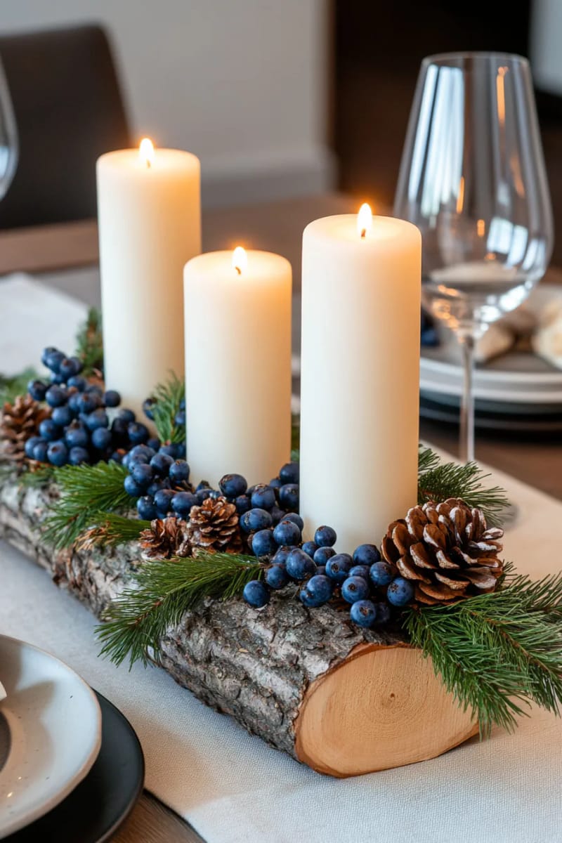 log centerpiece drilled for taper candles, decorated with juniper berries 1