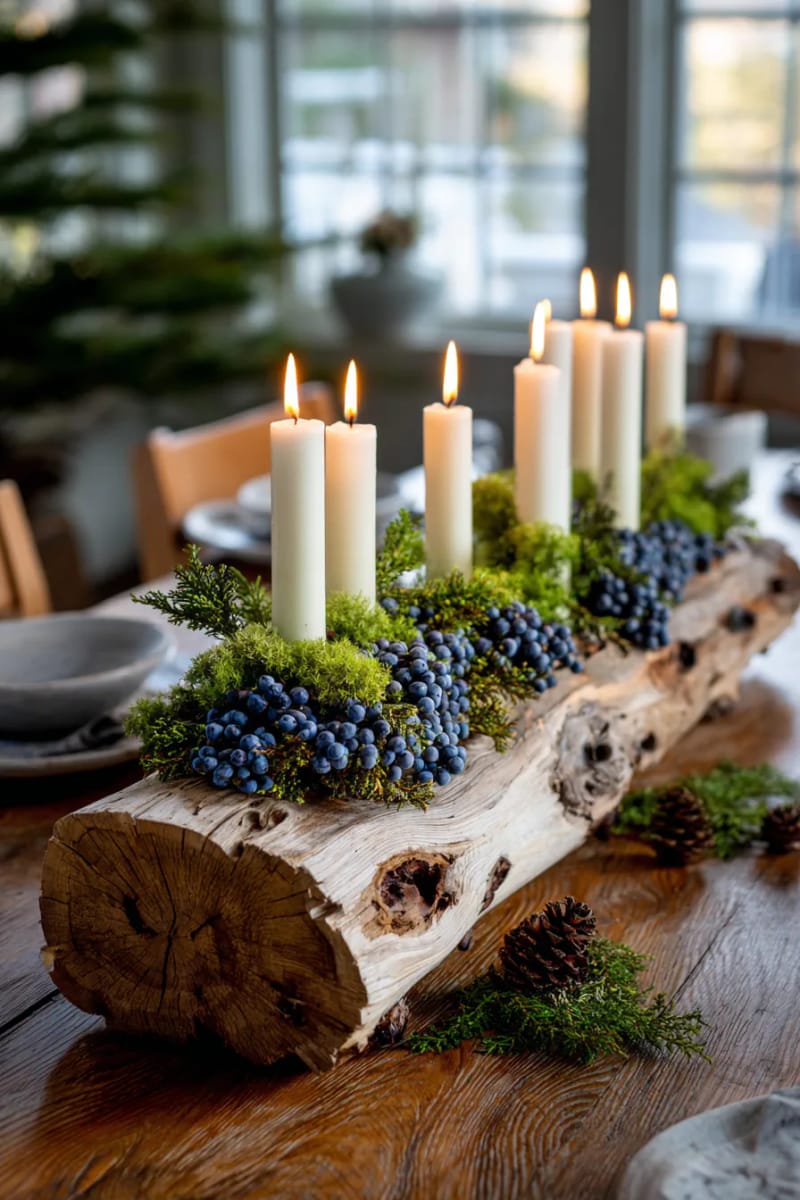 log centerpiece drilled for taper candles, decorated with juniper berries 1