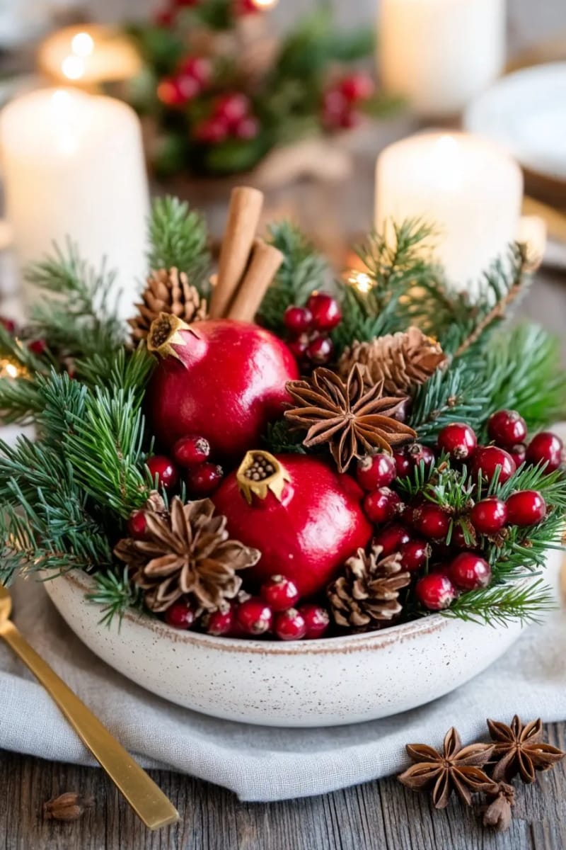 low bowl arrangement of greenery, pomegranates, and star anise accents 1