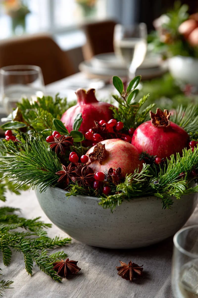 low bowl arrangement of greenery, pomegranates, and star anise accents 1