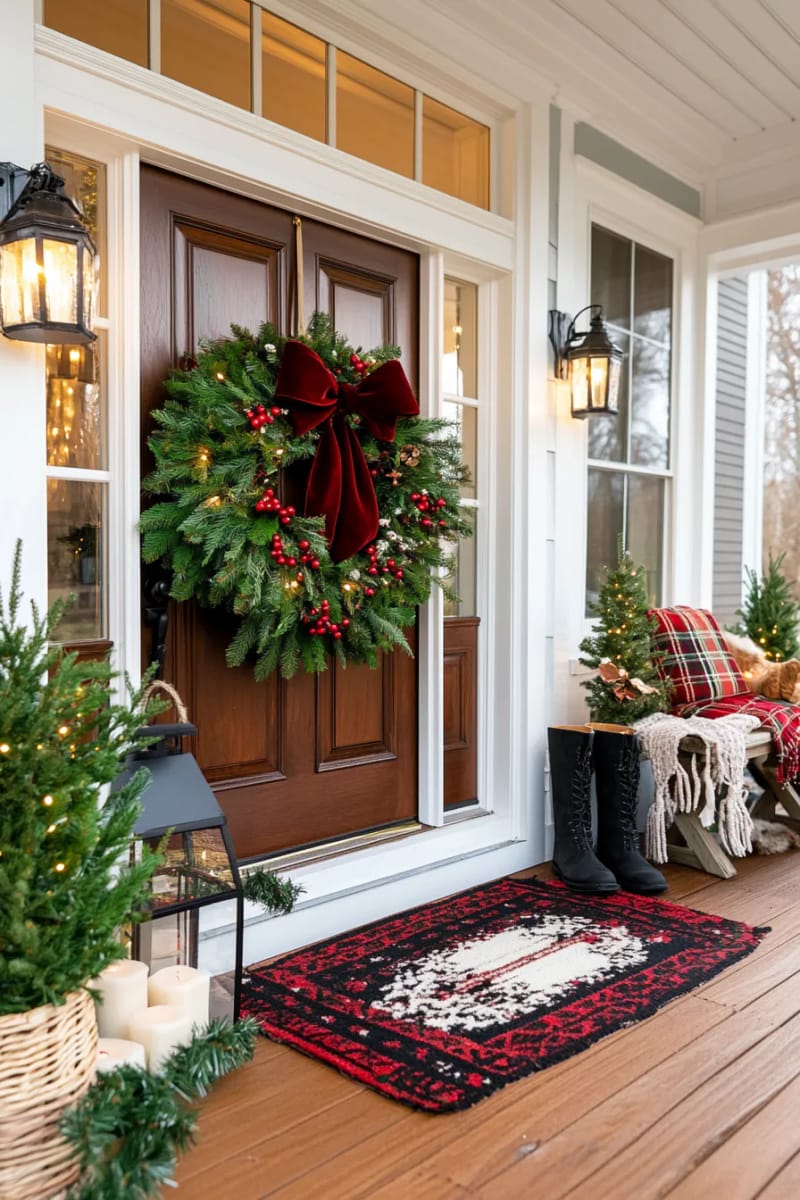 lush evergreen wreath with crimson berries and oversized velvet bow centerpiece 1