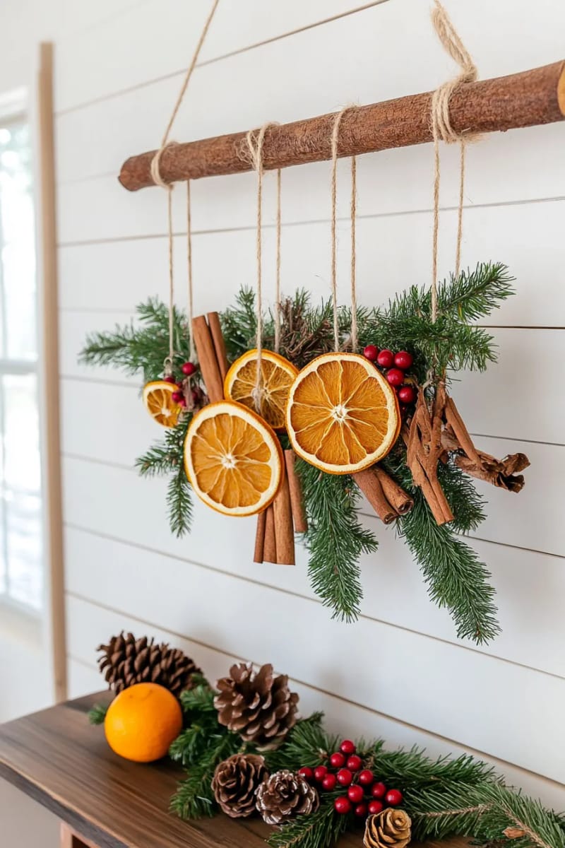 make a hanging mobile using dried oranges, cinnamon sticks, and pine sprigs 1