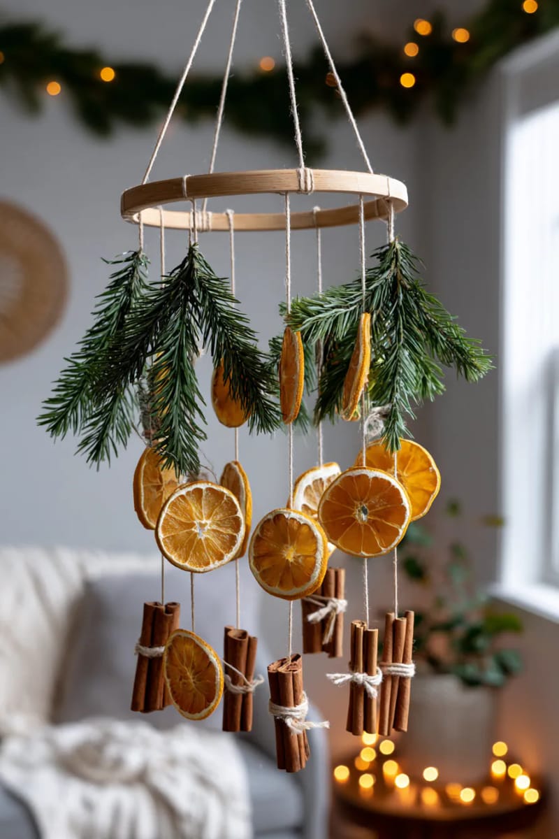 make a hanging mobile using dried oranges, cinnamon sticks, and pine sprigs 1