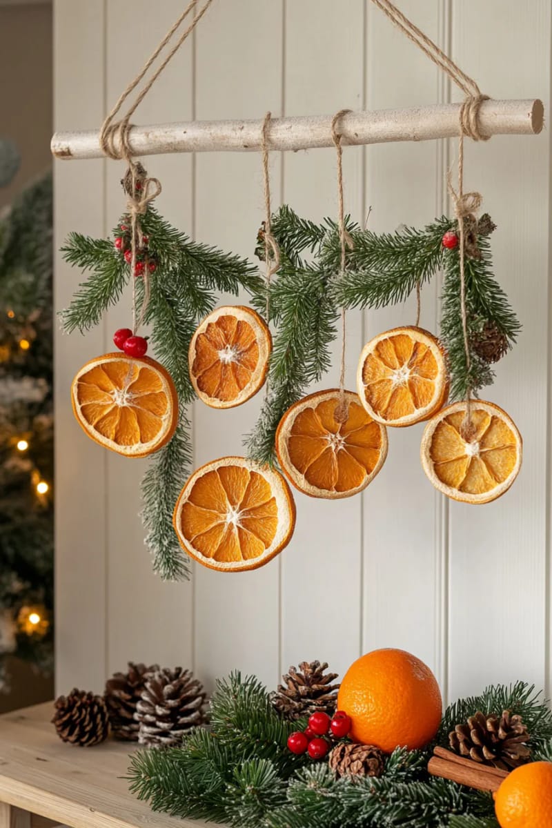 make a hanging mobile using dried oranges, cinnamon sticks, and pine sprigs 1
