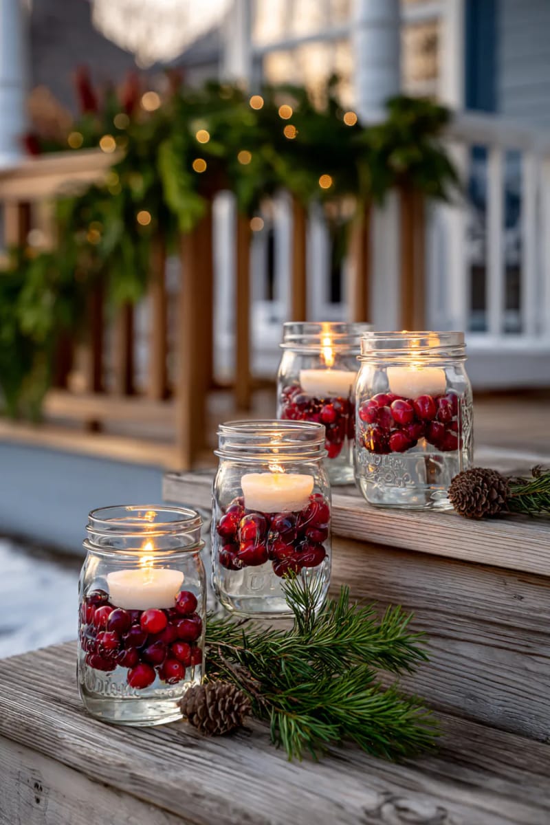 mason jars filled with cranberries, water, and floating candles on porch steps 1