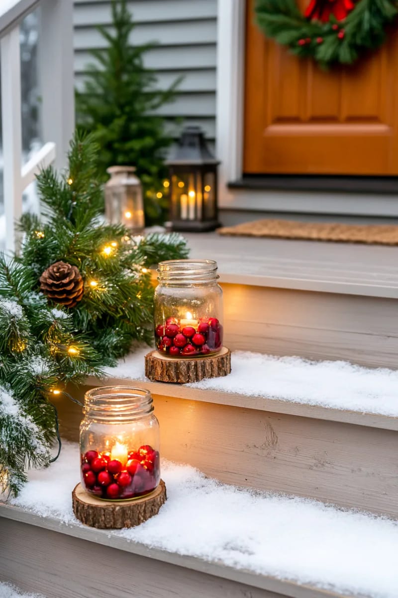mason jars filled with cranberries, water, and floating candles on porch steps 1