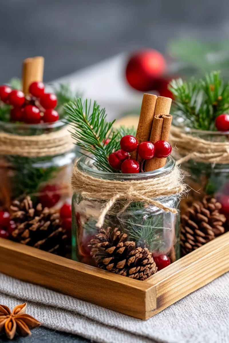 mason jars wrapped in twine, holding cedar, berries, and cinnamon sticks 1