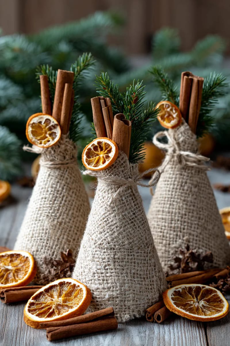 mini burlap christmas tree cones adorned with cinnamon sticks and dried oranges 1