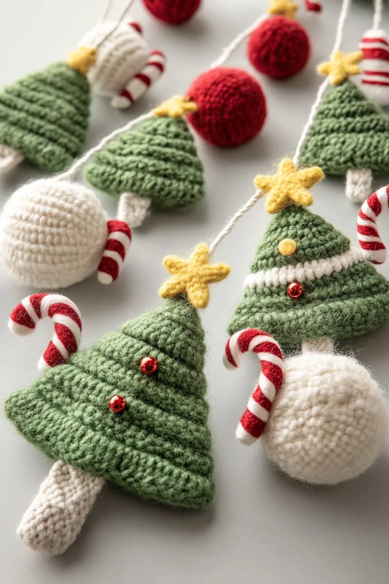 mini christmas trees strung between felted wool snowballs and candy canes 1