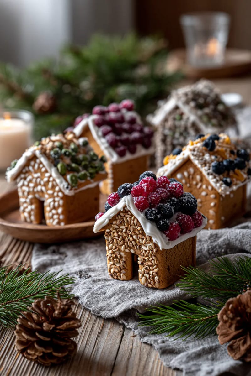 21 Creative Eco-Friendly Christmas Food Decor Guests Will Love! 16 mini gingerbread houses decorated with seeds and dried berries 1