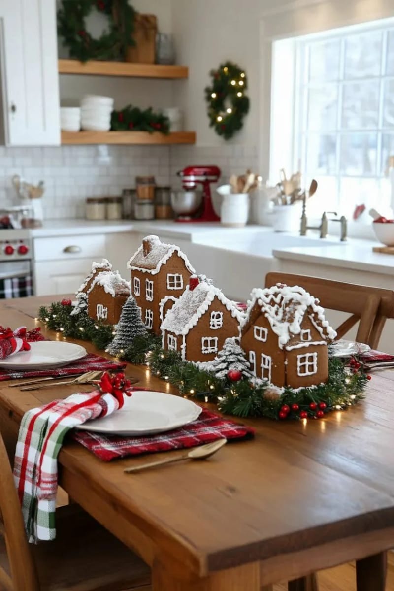 miniature gingerbread village centerpiece on a country cottage kitchen table 1