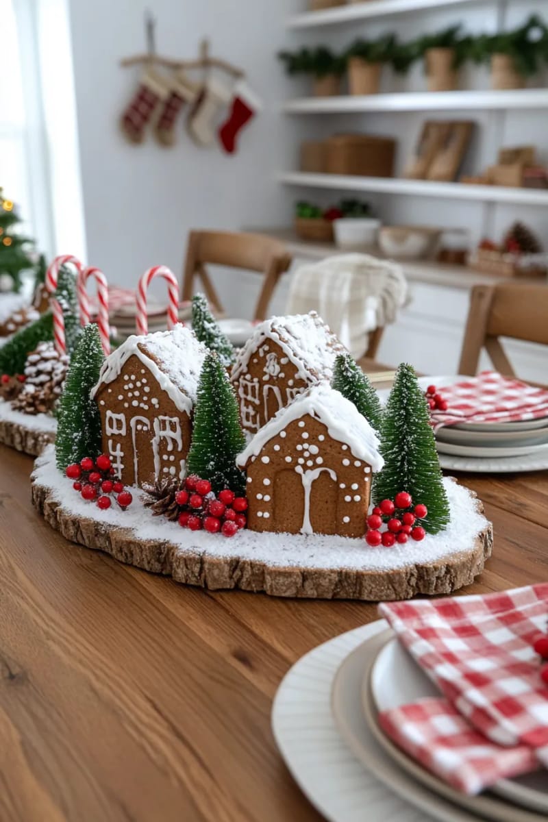 miniature gingerbread village centerpiece on a country cottage kitchen table 1