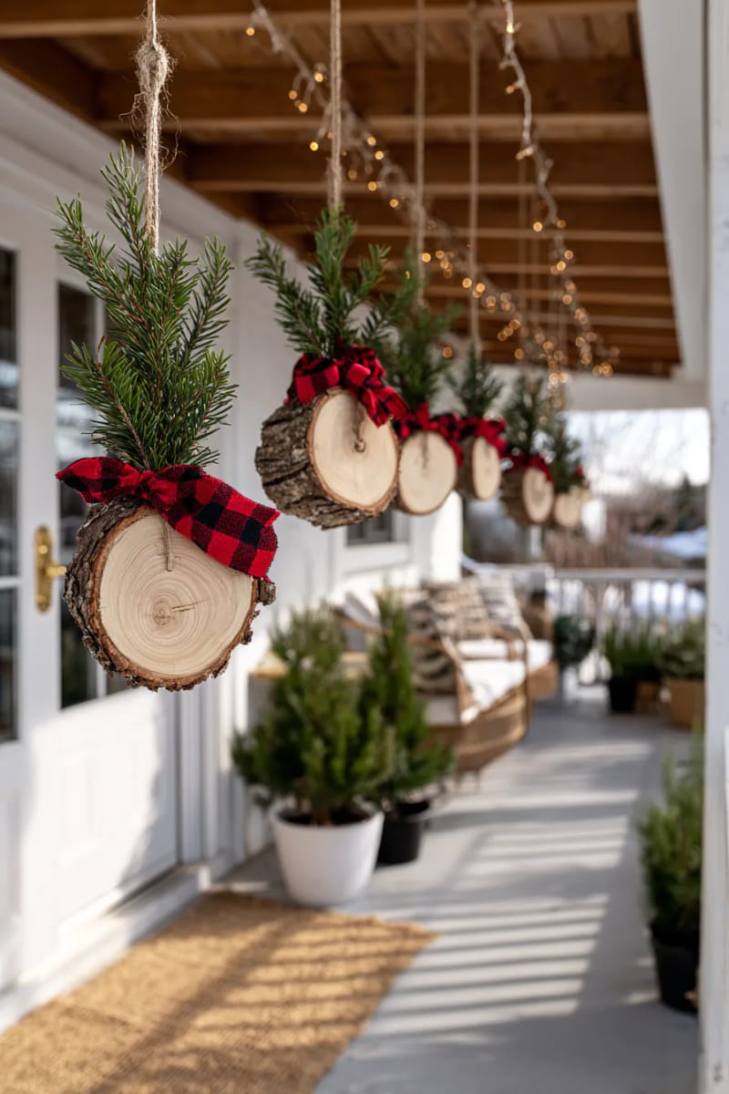 minimal wood slice ornaments hung from porch beams with red plaid scraps 1