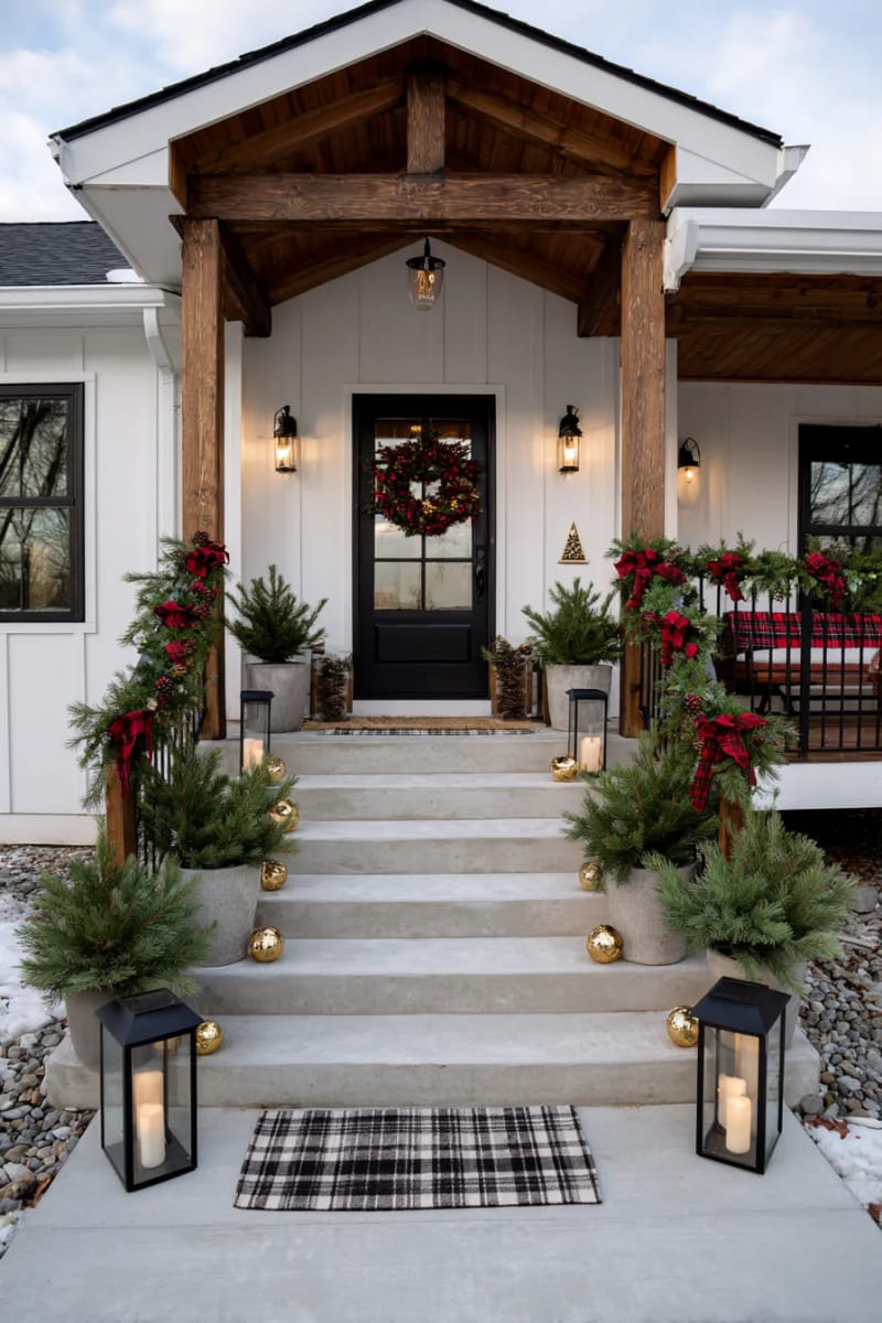 15 Cozy Modern Farmhouse Christmas Ideas For Front Porch 2025 9 minimalist black lanterns with led candles lining modern front porch steps 1