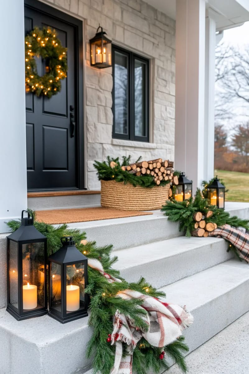 15 Cozy Modern Farmhouse Christmas Ideas For Front Porch 2025 10 minimalist black lanterns with led candles lining modern front porch steps 1