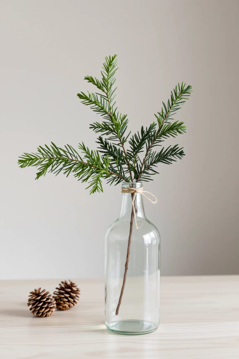 minimalist centerpiece: single evergreen branch in a clear glass bottle 1