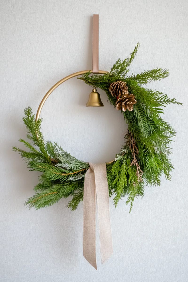 minimalist evergreen hoop with single pine branch and metallic gold bell 1