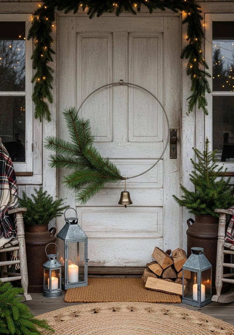 minimalist evergreen hoop with single pine branch and metallic gold bell 1