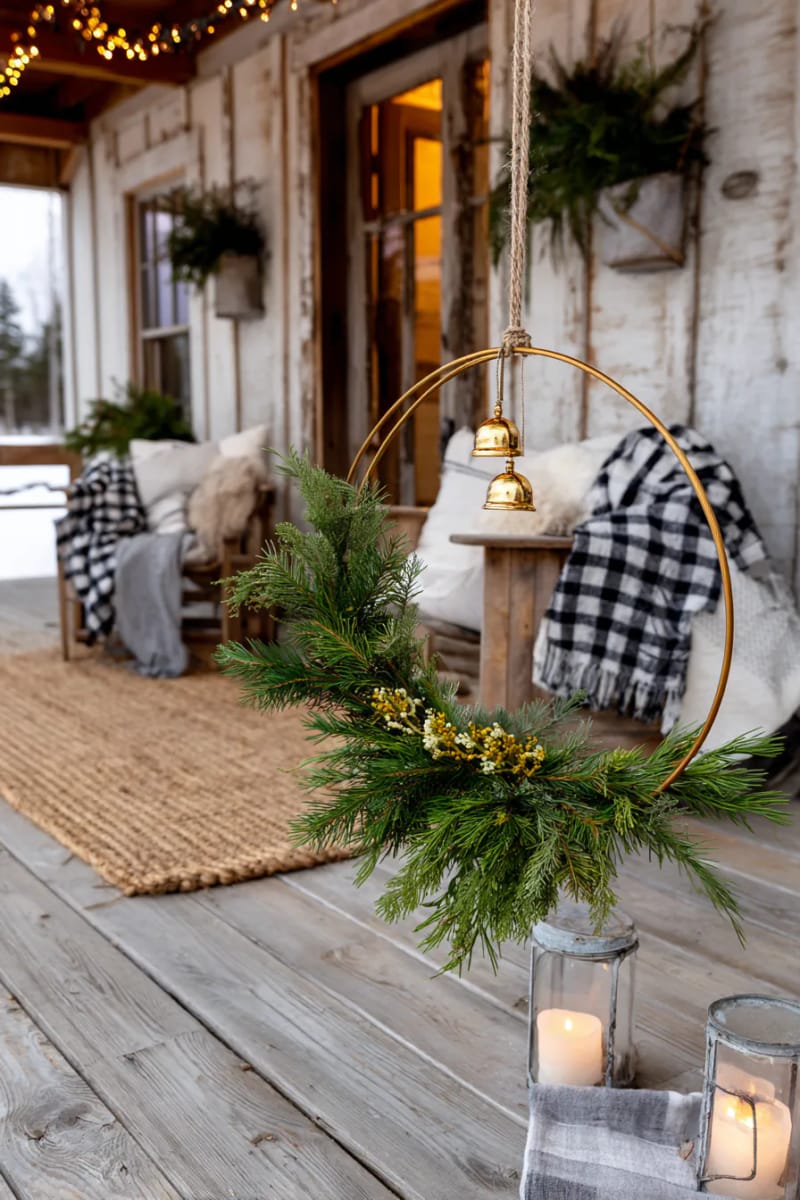 minimalist evergreen hoop with single pine branch and metallic gold bell 1