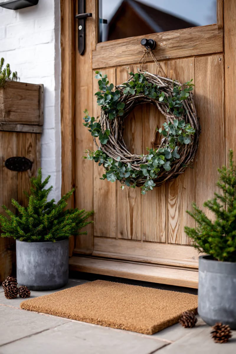 minimalist wreath made from twisted willow branches and fresh eucalyptus sprigs 1