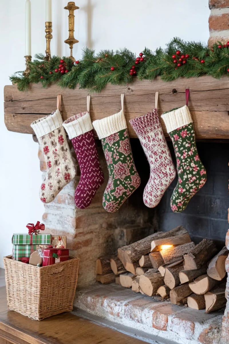 mismatched vintage stockings hanging from a chunky wooden fireplace beam 1