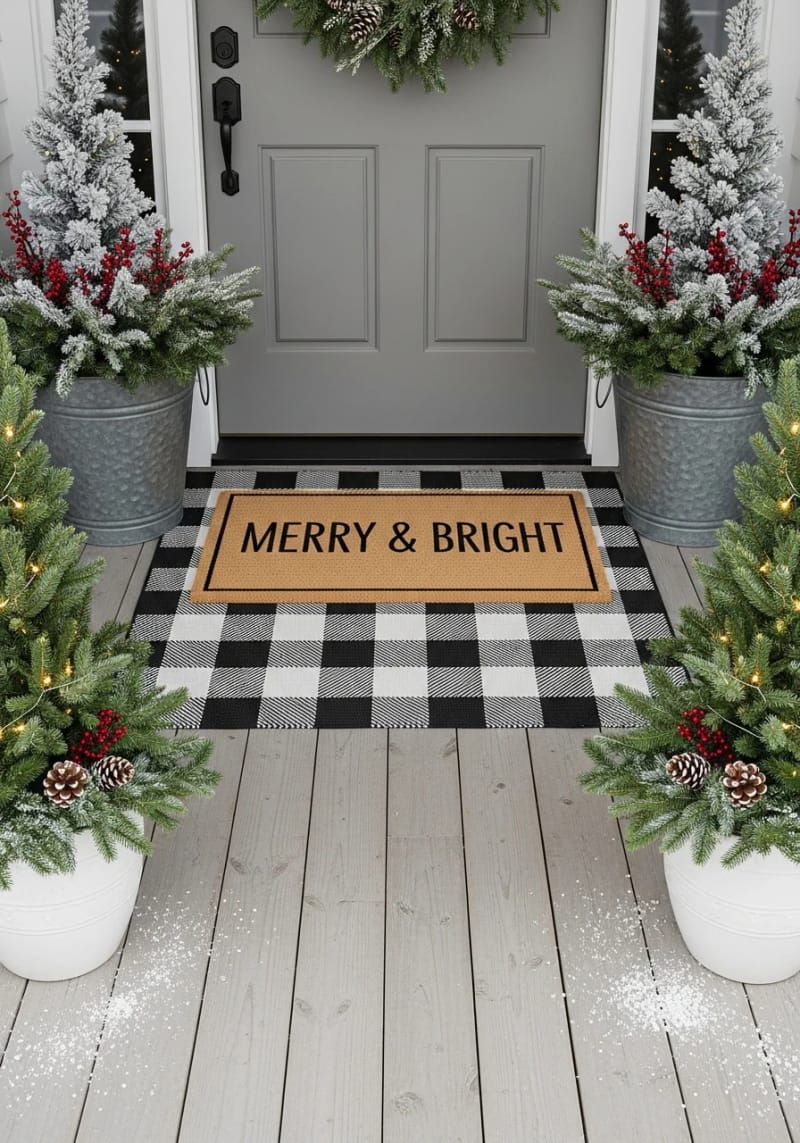 15 Cozy Modern Farmhouse Christmas Ideas For Front Porch 2025 32 modern farmhouse doormat layered over plaid rug, surrounded by snowy potted greenery 1