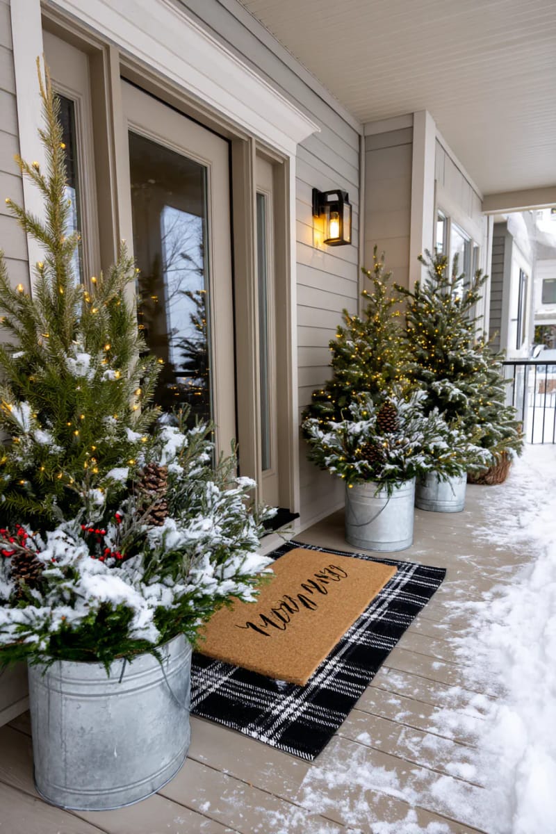 15 Cozy Modern Farmhouse Christmas Ideas For Front Porch 2025 33 modern farmhouse doormat layered over plaid rug, surrounded by snowy potted greenery 1