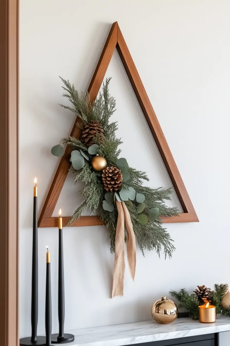 modern geometric wreath with triangular wood frame and minimalist greens 1