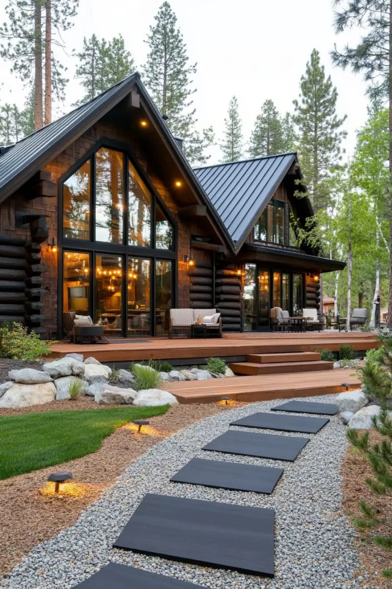 15 Fabulous Log Cabin Home Exterior Ideas You'll Love! 15 modern log cabin with charcoal-stained logs and geometric window shapes 1