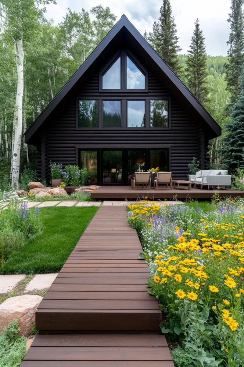 15 Fabulous Log Cabin Home Exterior Ideas You'll Love! 16 modern log cabin with charcoal-stained logs and geometric window shapes 1