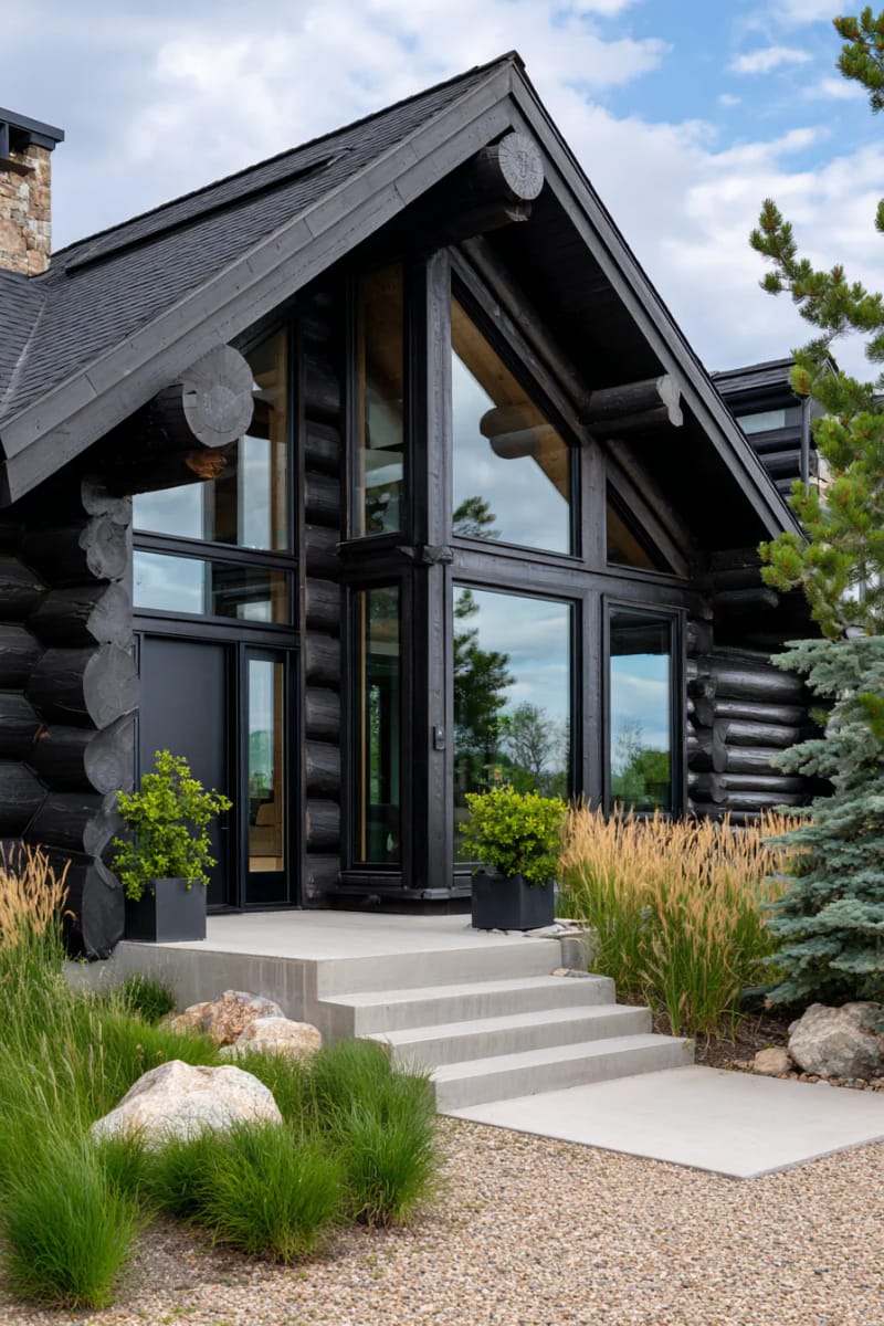 15 Fabulous Log Cabin Home Exterior Ideas You'll Love! 17 modern log cabin with charcoal-stained logs and geometric window shapes 1