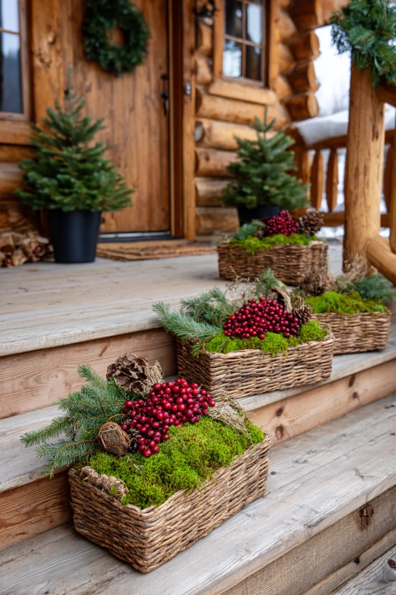 moss-filled baskets with cranberries and seed pods for a woodland touch 1