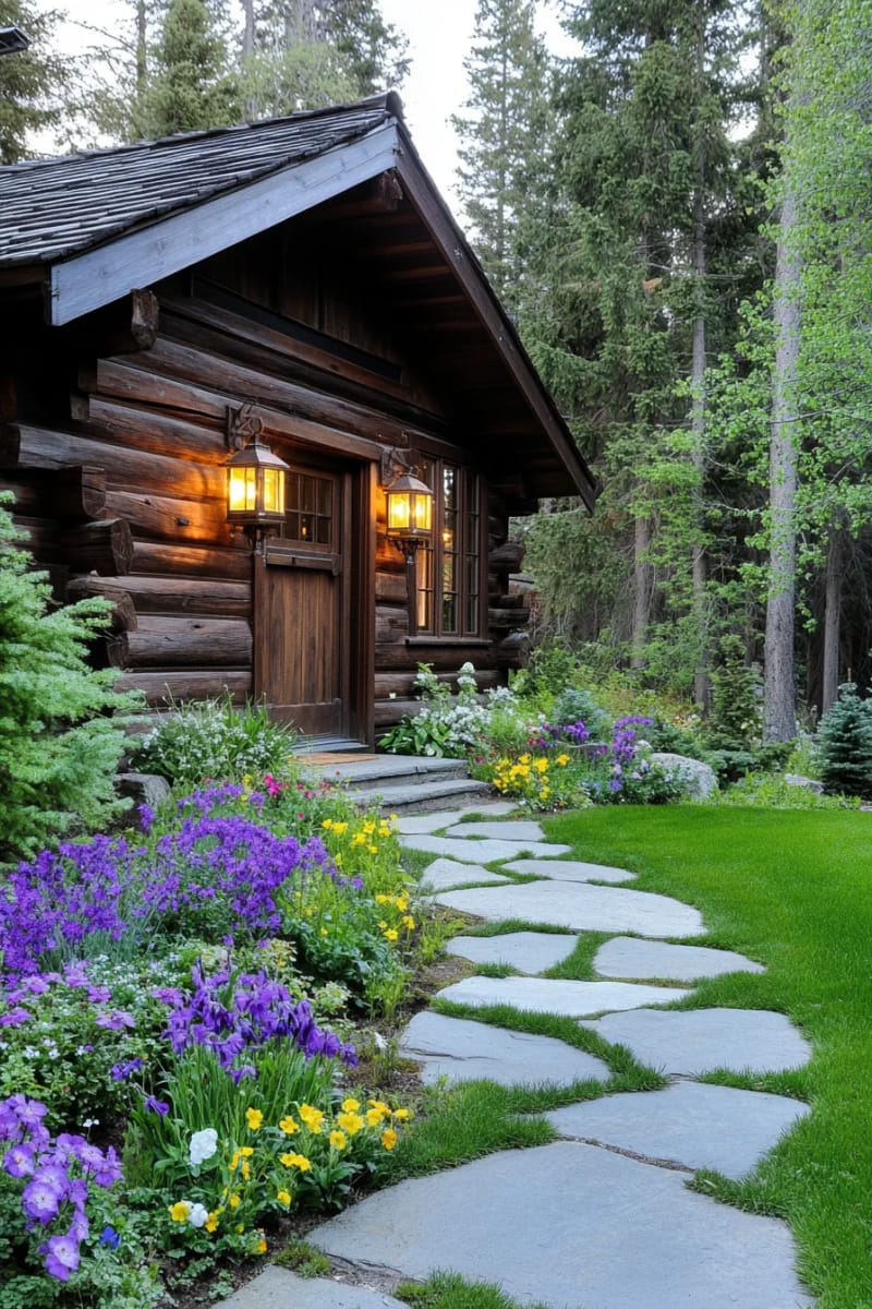 15 Fabulous Log Cabin Home Exterior Ideas You'll Love! 3 mossy stone pathways winding to a cedar log entry framed by wildflowers 1