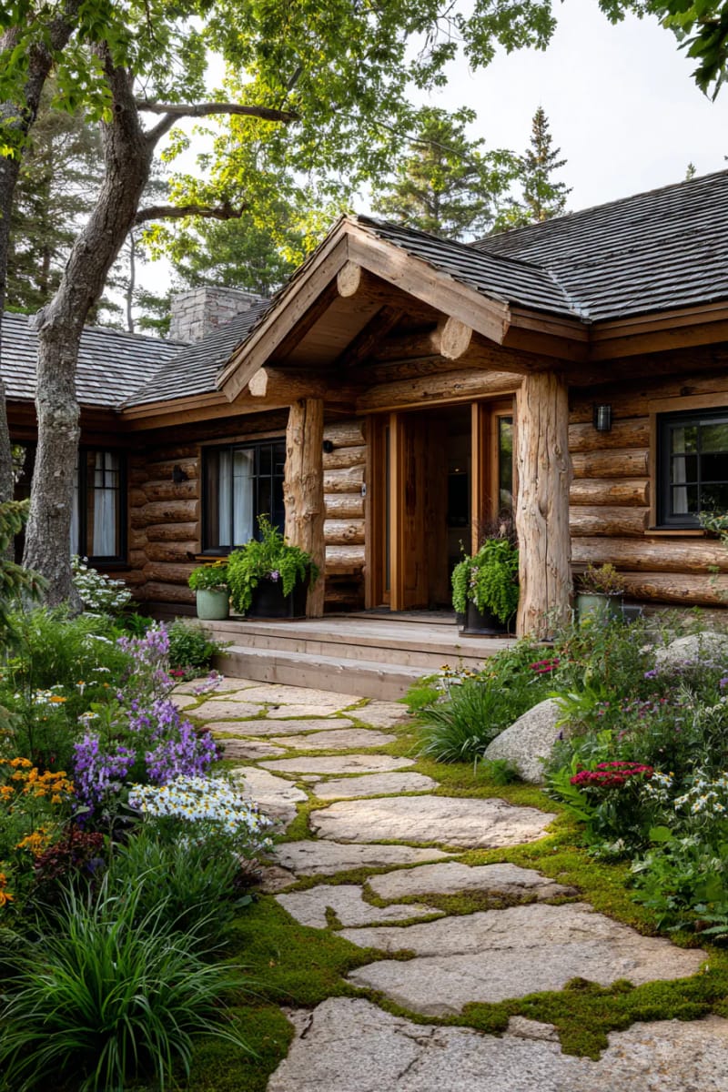 15 Fabulous Log Cabin Home Exterior Ideas You'll Love! 4 mossy stone pathways winding to a cedar log entry framed by wildflowers 1