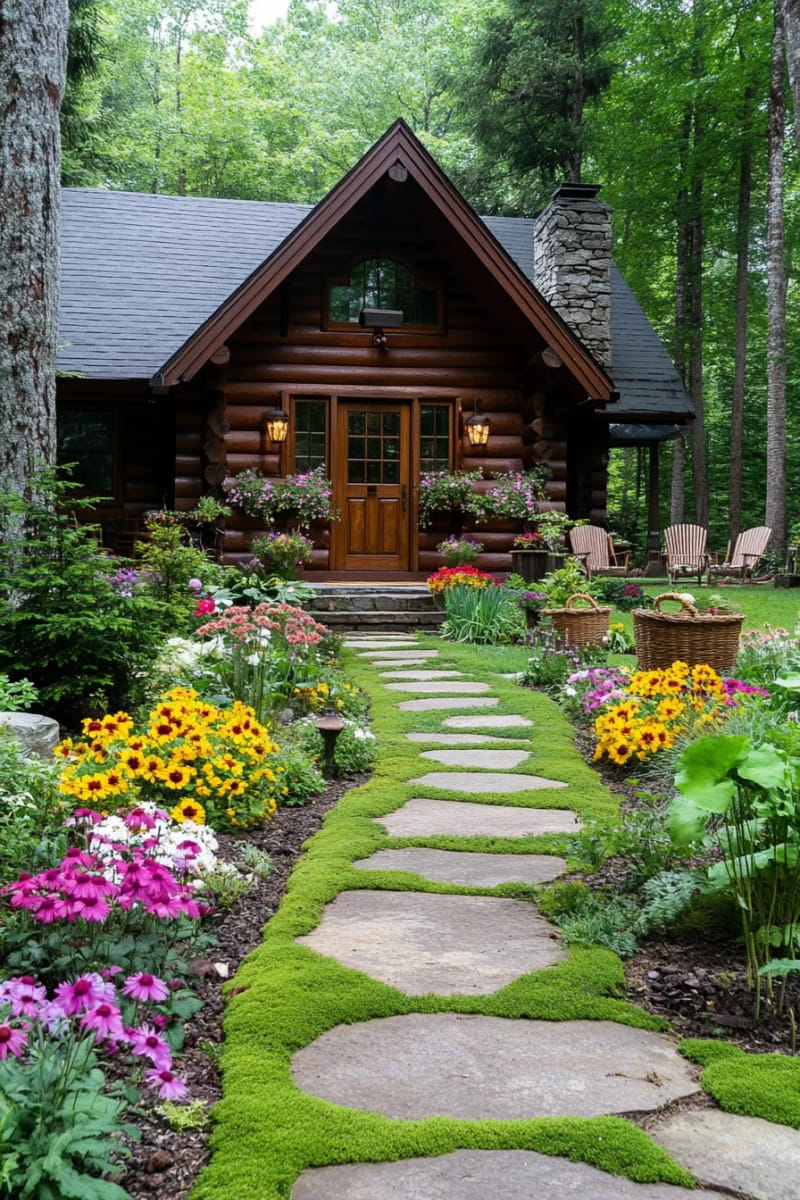 15 Fabulous Log Cabin Home Exterior Ideas You'll Love! 5 mossy stone pathways winding to a cedar log entry framed by wildflowers 1
