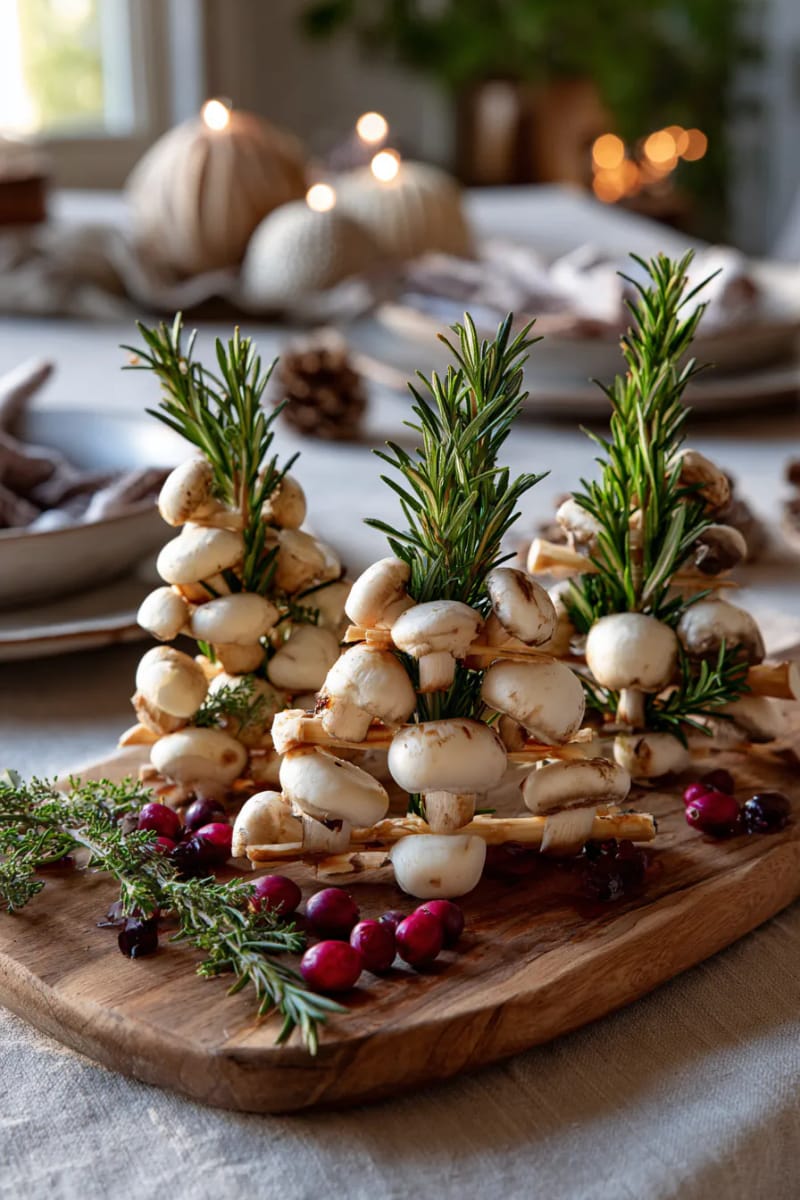 21 Creative Eco-Friendly Christmas Food Decor Guests Will Love! 36 mushroom and rosemary skewers arranged in evergreen tree shapes 1