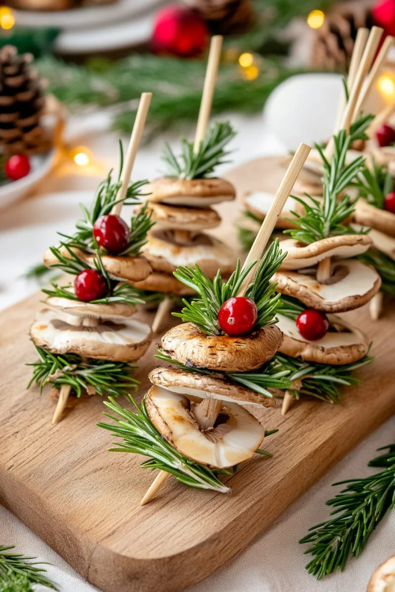 21 Creative Eco-Friendly Christmas Food Decor Guests Will Love! 37 mushroom and rosemary skewers arranged in evergreen tree shapes 1