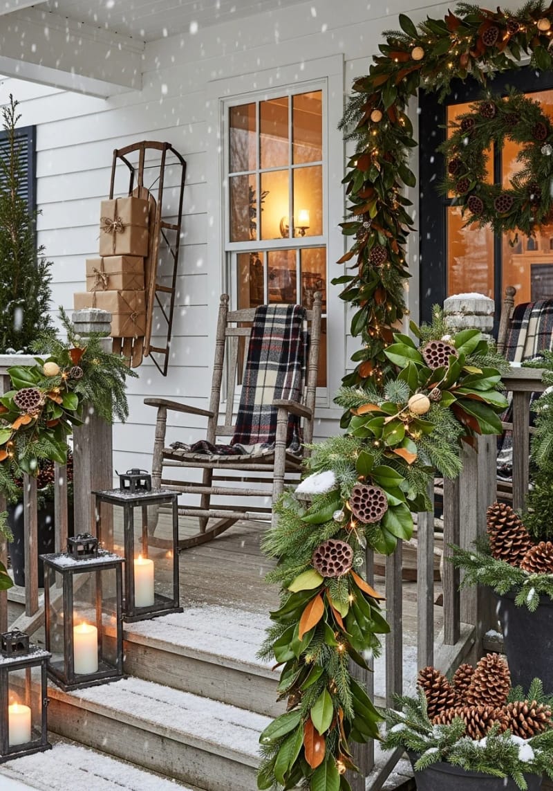 natural garland of magnolia leaves, pine boughs, and dried lotus pods 1