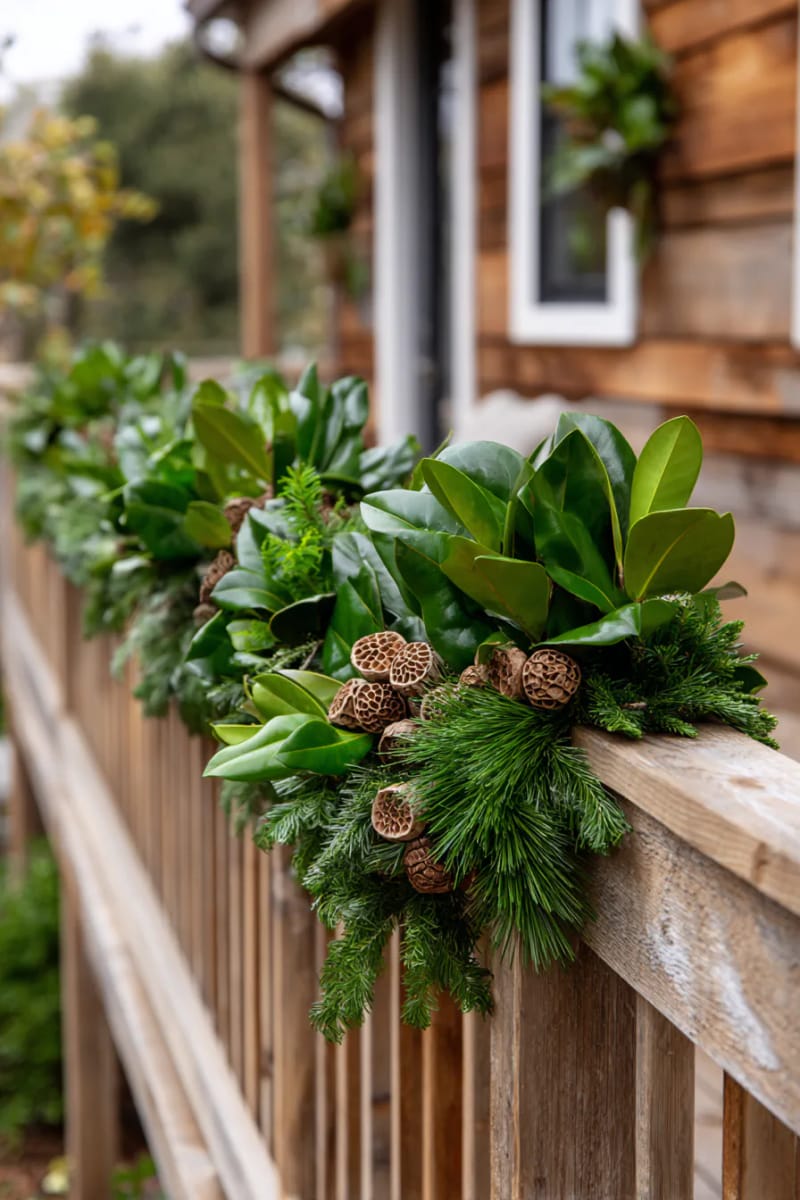 natural garland of magnolia leaves, pine boughs, and dried lotus pods 1