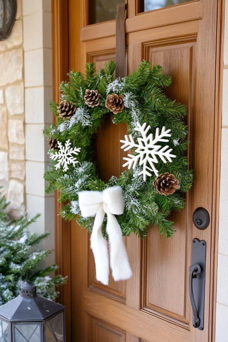 nordic-inspired wreath with white wooden snowflakes and faux fur ribbon 1