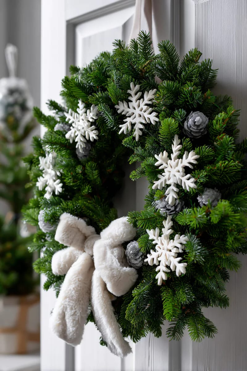 nordic-inspired wreath with white wooden snowflakes and faux fur ribbon 1