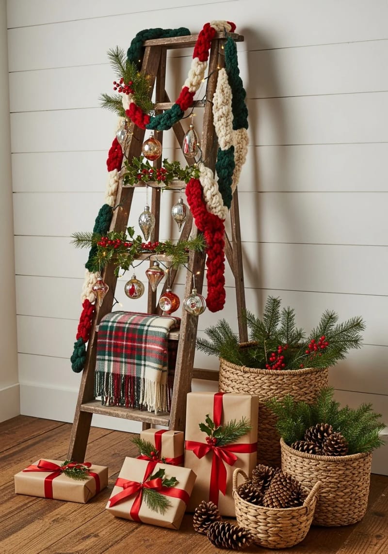 old-fashioned wooden ladder draped in twinkling lights and knitted garlands 1