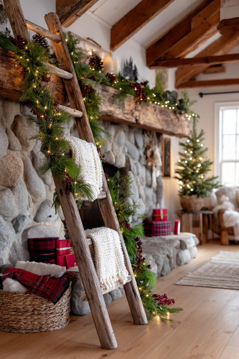 old-fashioned wooden ladder draped in twinkling lights and knitted garlands 1