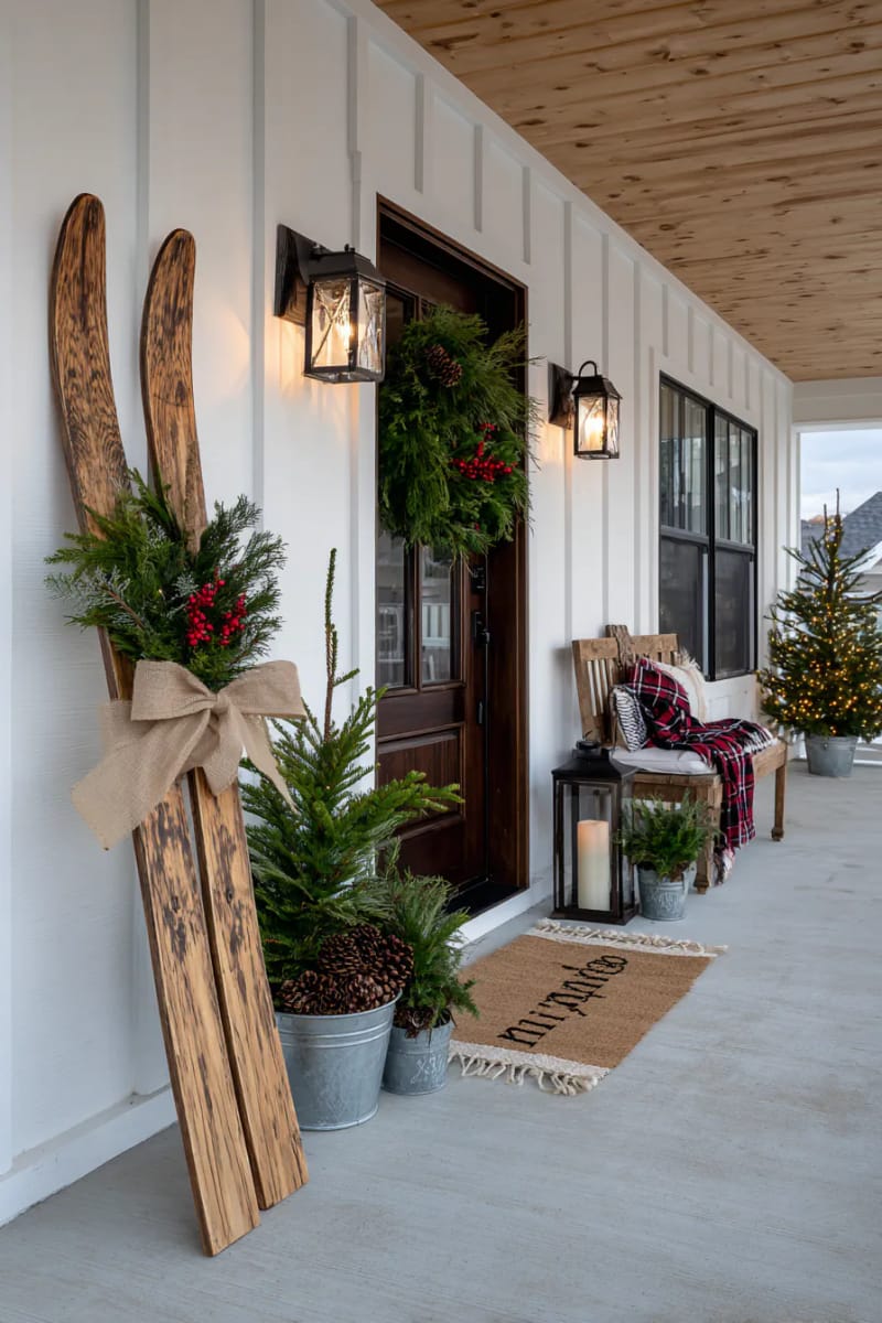 15 Cozy Modern Farmhouse Christmas Ideas For Front Porch 2025 26 old-fashioned wooden skis crossed with a burlap ribbon, leaning by welcome mat 1