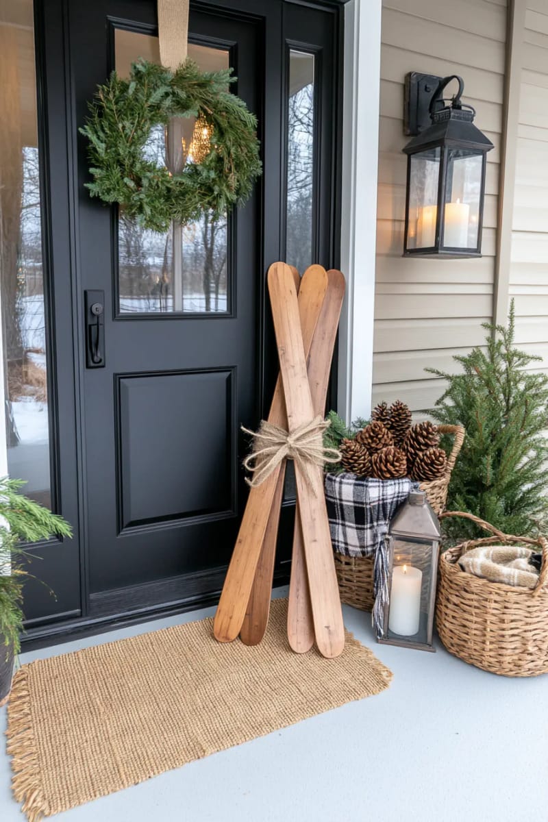 15 Cozy Modern Farmhouse Christmas Ideas For Front Porch 2025 27 old-fashioned wooden skis crossed with a burlap ribbon, leaning by welcome mat 1