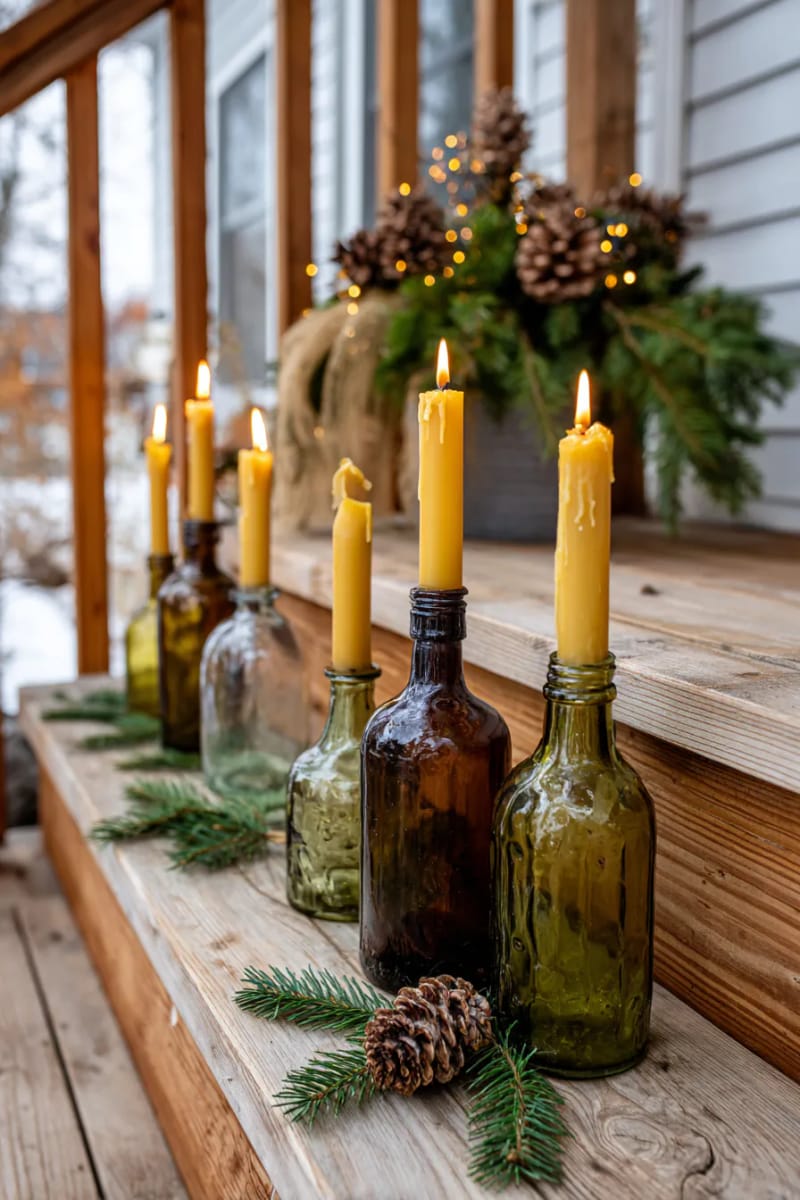old glass bottles as candle holders lining the steps with beeswax candles 1