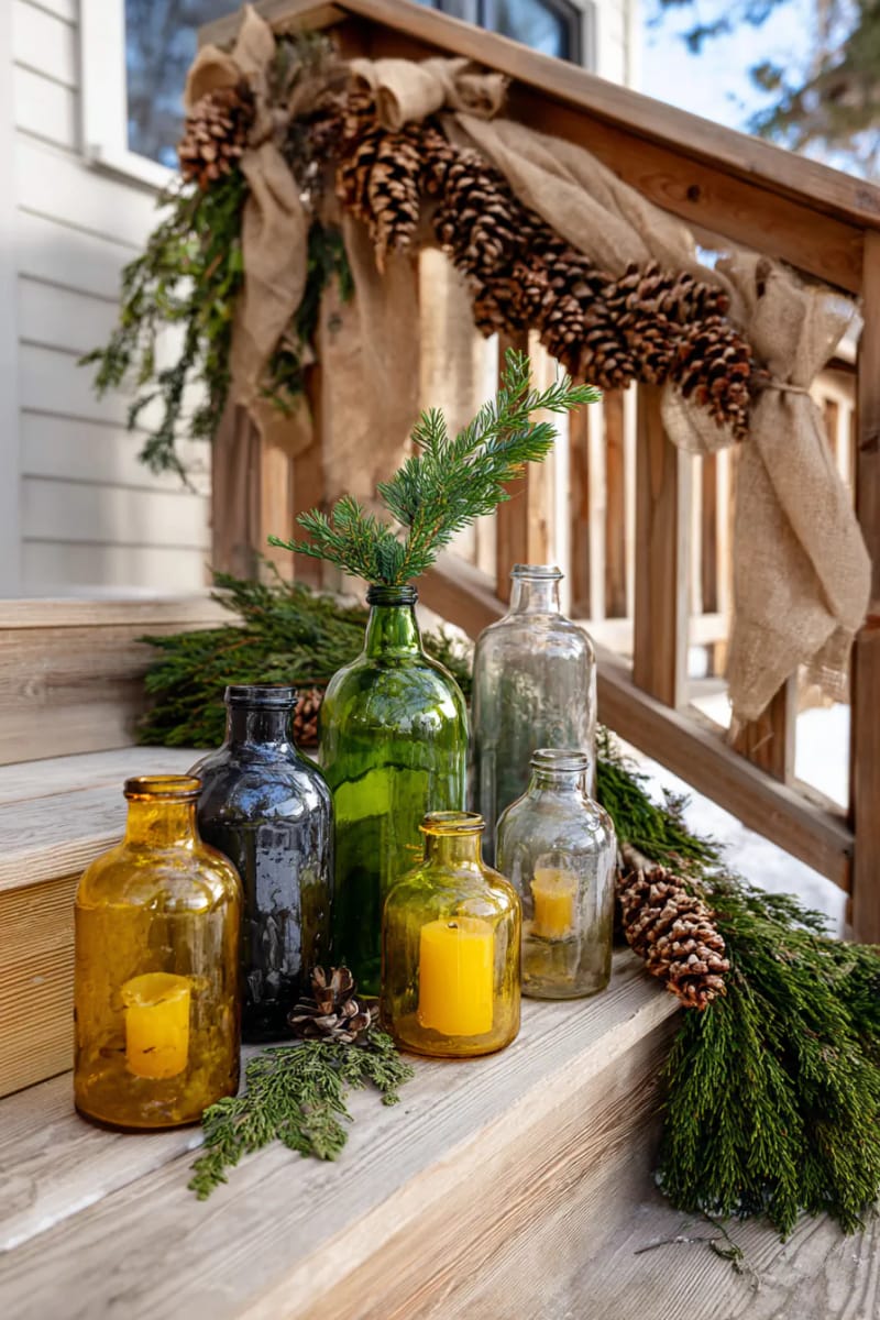 old glass bottles as candle holders lining the steps with beeswax candles 1