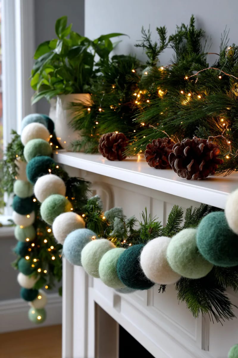 ombre wool ball garland fading from pine green to snowy white 1