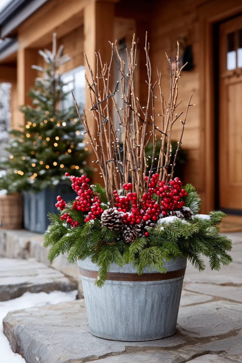 outdoor planter filled with twigs, evergreen, berries, and soft white lights 1