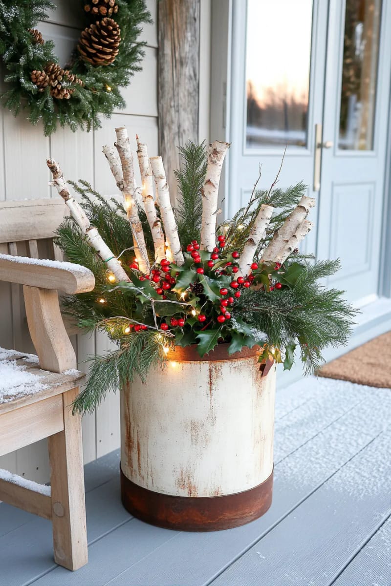 outdoor planter filled with twigs, evergreen, berries, and soft white lights 1